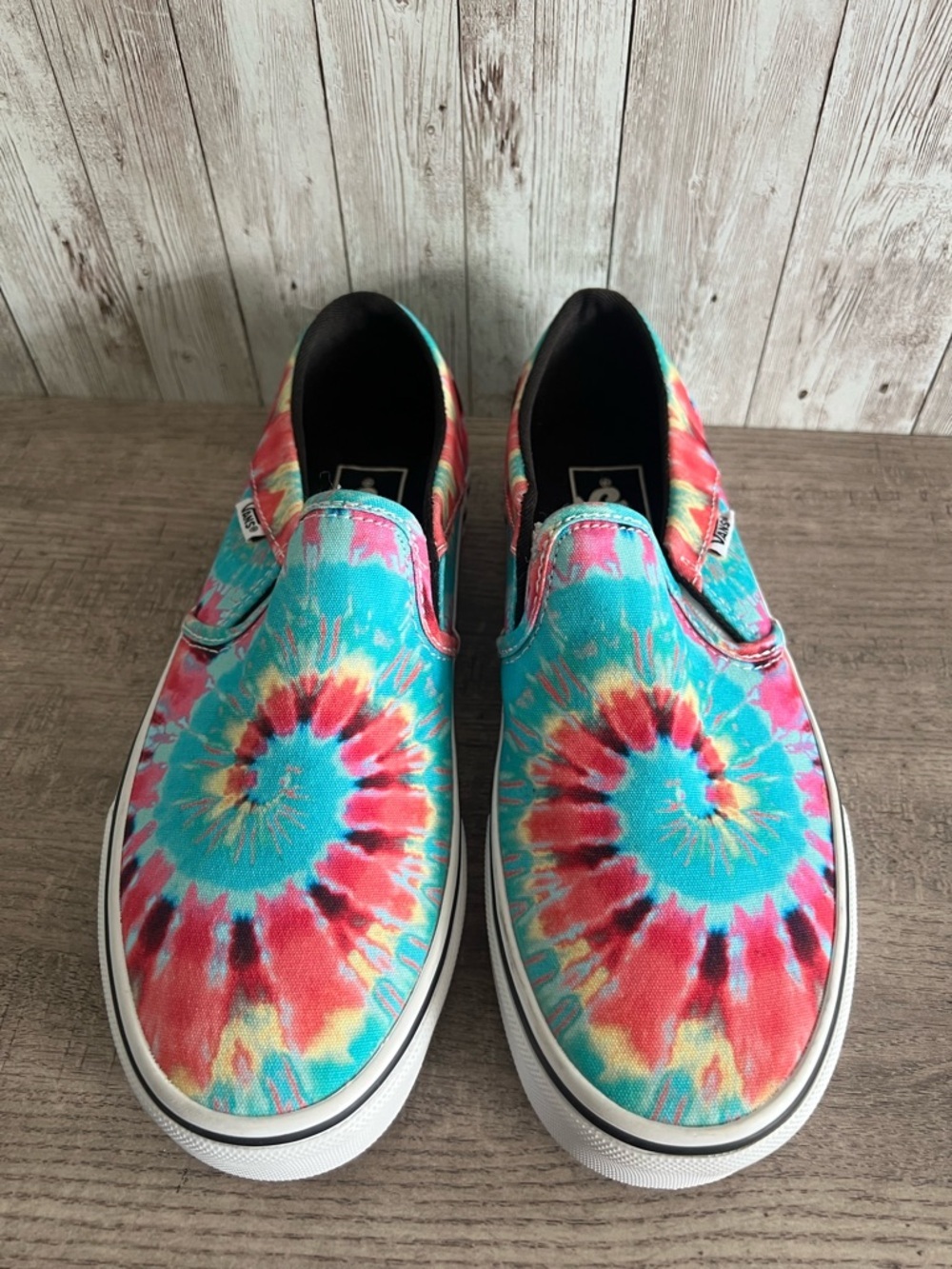 Vans Tie-Dye Slip-On Sneakers in Turquoise, Red, Yellow Unisex M6, W7.5